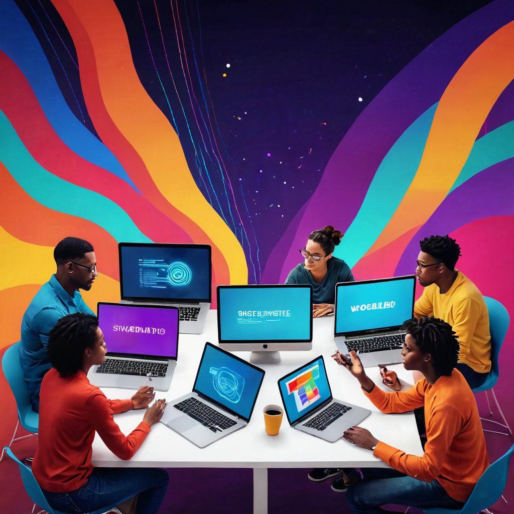 A captivating scene of a diverse group of individuals sitting together with laptops and notebooks, passionately discussing vibrant stories, surrounded by colorful visual elements representing various digital storytelling tools like video editing software, graphic design, and social media icons. The atmosphere is energetic with swirling lines of text and imagery that depict creativity and self-expression. Bright, inviting colors and a modern, tech-inspired backdrop enhance the overall feeling of inspiration. vibrant colors. digital art. high detail.