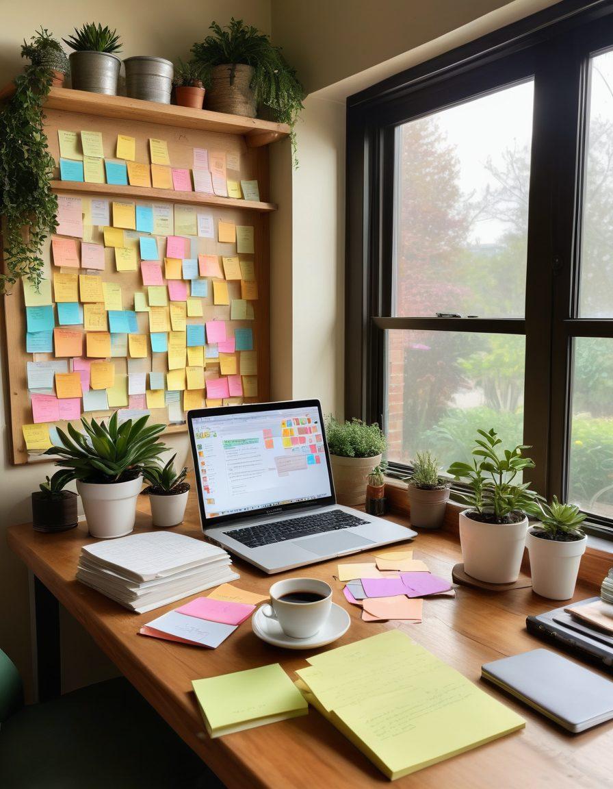 A cozy workspace with a wooden desk scattered with open books, a laptop showing a blog editor, and a steaming cup of coffee. A wall filled with colorful sticky notes labeled with blog ideas and a small potted plant adds a touch of greenery. Natural light floods the room through a large window, creating an inviting atmosphere for creativity. super-realistic. warm tones. soft focus.