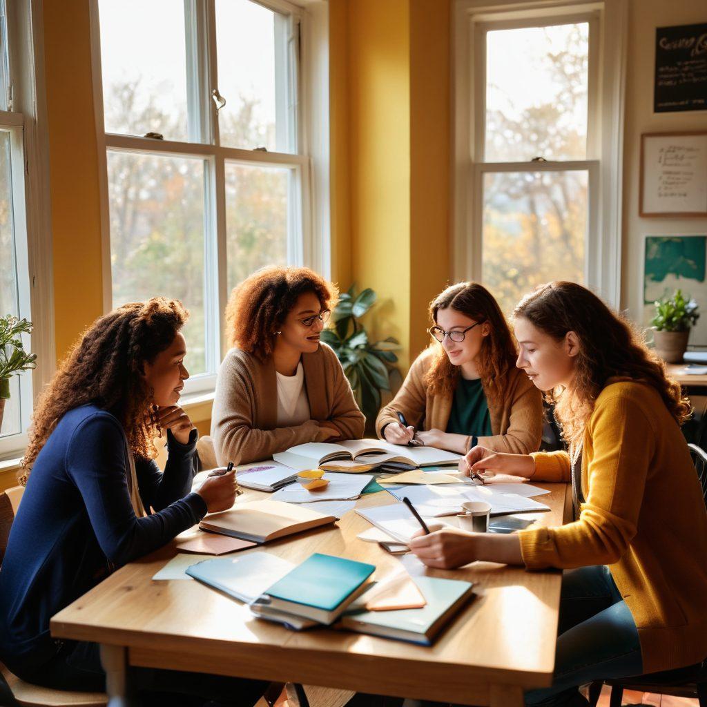 A vibrant scene of a diverse group of aspiring writers gathered around a colorful table, passionately discussing their ideas while sipping coffee. The atmosphere is lively, with notebooks and laptops scattered across the table, and a large corkboard in the background filled with inspirational quotes and writing tips. Soft sunlight filters through large windows, creating a warm and inviting ambiance. Super-realistic. Vibrant colors. Cozy setting.